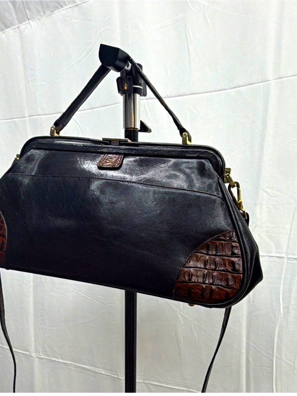 Brahmin vintage Black Leather Bag with Brown Croc Accents
